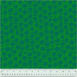May include: A green fabric with a repeating pattern of teal blue flowers. The fabric is a solid green color with a subtle texture.