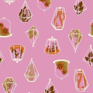 May include: A repeating pattern of terrariums in various geometric shapes, filled with plants and flowers. The terrariums are outlined in white with orange, brown, and green plant life, set against a pink background.