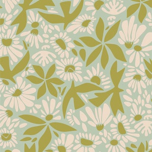 May include: A seamless pattern featuring stylized white flowers and green leaves on a light blue background.