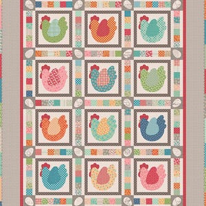 May include: A patchwork quilt featuring a repeating pattern of colorful chickens in squares. Each chicken is a different color, including green, orange, pink, and blue. The quilt has a gray border and a red inner border, with egg and text details.