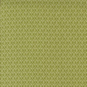 May include: A green fabric with a white repeating pattern of stylized leaves and dots.