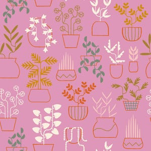 May include: A repeating pattern of potted plants in various styles and colors, including green, orange, and white, set against a pink background. The pots are outlined in orange, and the plants have detailed line art.