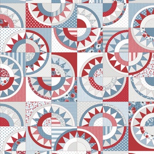 May include: A patchwork quilt with a geometric design featuring red, blue, and white circles and semicircles. The quilt is made of various fabrics with different patterns, including floral, striped, and polka dot.