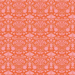 May include: A repeating pattern featuring stylized pink moths, flowers, and decorative elements on a vibrant orange background. The design has a symmetrical layout with detailed floral and insect motifs, creating a visually rich textile pattern.