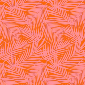May include: A vibrant, seamless pattern featuring stylized pink palm leaves against a bright orange background. The tropical design is repeated across the surface, creating a bold and eye-catching visual.