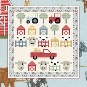 May include: A quilt pattern featuring a farm scene with red barns, tractors, cows, and sheep. The pattern is titled "Farm Life" and is by Coach House Designs.