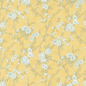 May include: A seamless pattern featuring delicate white flowers with green leaves on a pale yellow background.