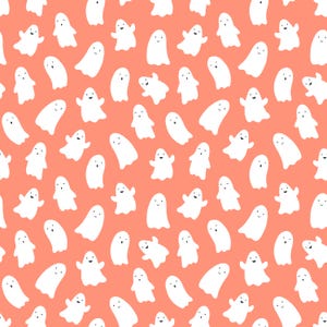 May include: A seamless pattern of white ghosts with smiling faces on a coral background. The ghosts are in various positions and sizes, creating a playful and whimsical design.