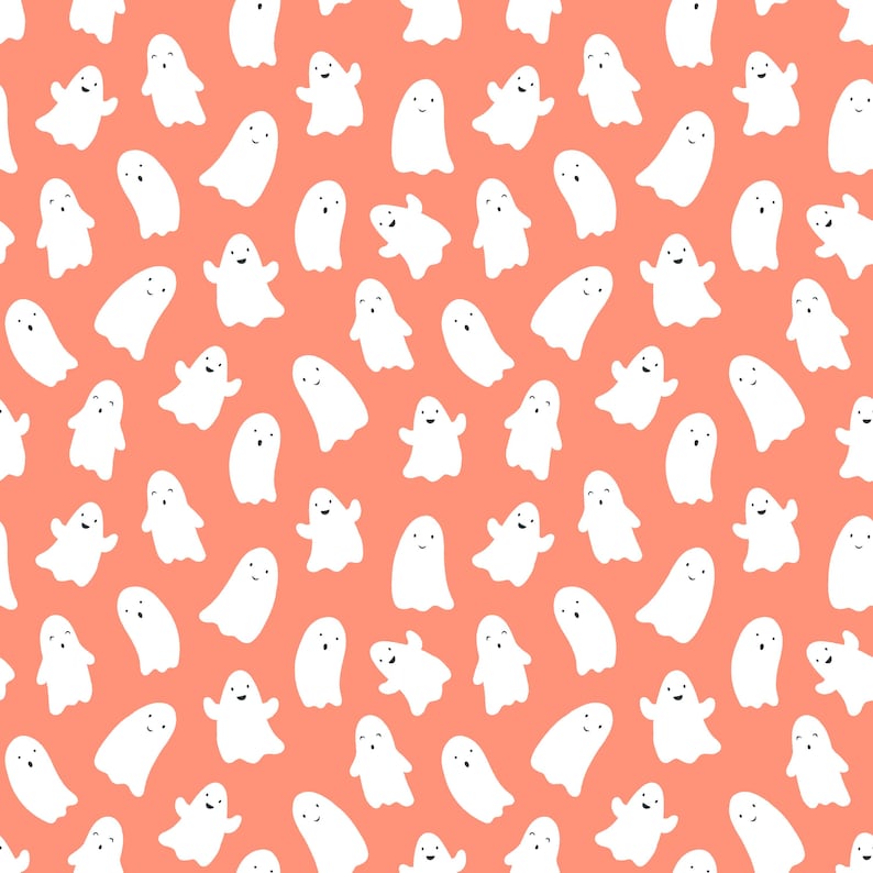 May include: A seamless pattern of white ghosts with smiling faces on a coral background. The ghosts are in various positions and sizes, creating a playful and whimsical design.