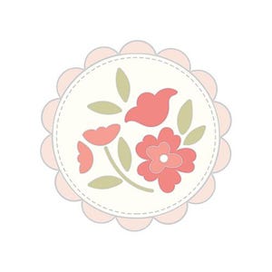 May include: A round, floral design featuring a cream-colored center with red flowers and green leaves. The design is outlined with a scalloped edge in a light pink color, and a dotted line borders the floral arrangement.