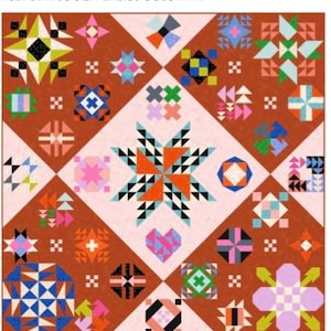 May include: A quilt pattern with a variety of colorful geometric shapes, including stars, squares, and triangles. The quilt is made up of a grid of 49 squares, each containing a different pattern. The colors used in the quilt are red, orange, yellow, green, blue, purple, pink, and white.