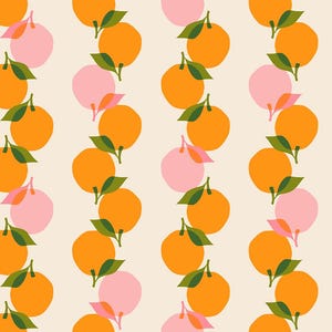 May include: A seamless pattern featuring alternating rows of pink and orange circles with green leaves. The circles are arranged in a vertical line, creating a repeating pattern.