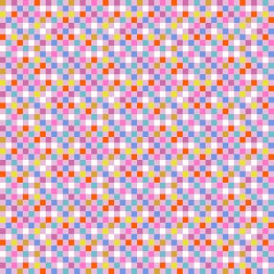 May include: A colorful, pixelated pattern featuring a grid of small squares in various colors. The design includes shades of pink, orange, yellow, blue, and white, creating a vibrant and playful aesthetic. The pattern is repeated across the image.