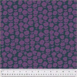 May include: A teal fabric with a repeating pattern of purple stylized flowers. The flowers are a simple design with a rounded shape and a stem.