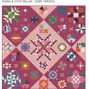 May include: A quilt pattern with a variety of colorful geometric shapes, including stars, squares, and triangles. The quilt is made in a dark pink and light pink color scheme.