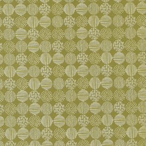 May include: A green fabric with a white pattern of repeating circles. Each circle has a different pattern inside, including stripes, dots, and swirls.