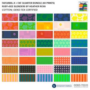 May include: A set of 40 fat quarter fabric prints in a variety of colors and patterns. The fabric is cotton and is OEKO-TEX certified. The fabric prints include geometric patterns, stripes, polka dots, and floral designs.