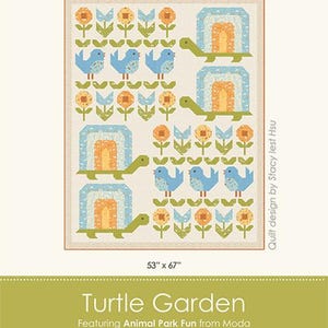 May include: A colorful quilt titled "Turtle Garden" featuring a repeating pattern of turtles, birds, and flowers. The quilt measures 53" x 67" and is designed by Stacy Iest Hsu. The design includes blue, green, orange, and cream colors.