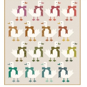 May include: A quilt featuring a repeating pattern of sixteen white geese arranged in four rows. Each goose wears a patterned scarf in varying colors including pink, red, orange, yellow, green, and blue. The background is a light beige fabric.
