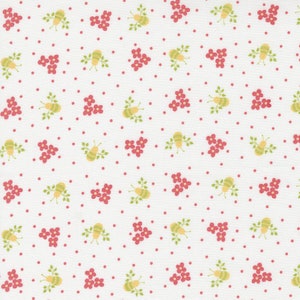 May include: White fabric with a repeating pattern of small red flowers, green leaves, and yellow bees.