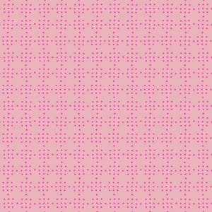 May include: A repeating pattern of small, dark pink dots arranged in a grid-like formation over a light pink background. The dots are clustered to create a textured, geometric design, suitable for fabric or wallpaper.