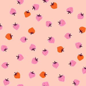 May include: A seamless pattern featuring pink and orange strawberries on a light pink background.