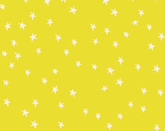 May include: A yellow background with a scattered pattern of white stars.