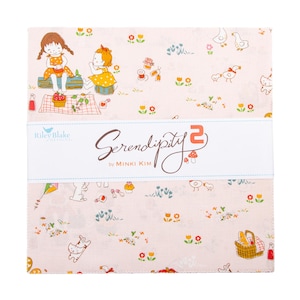 May include: A stack of fabric squares with a light pink background and a whimsical print. The design includes illustrations of children, ducks, flowers, and picnic baskets. The text "Serendipity 2" is featured prominently.
