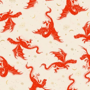 May include: A repeating pattern featuring red dragons with outstretched wings, set against a cream-colored background. The design includes gold stars and crescent moons, creating a whimsical, fantasy-themed aesthetic. Ideal for fabric or wallpaper.