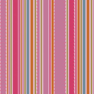 May include: A colorful, vertical striped pattern in shades of pink, orange, green, and blue. The design includes a stitched effect along some of the stripes, adding a textured element to the overall look. This pattern is suitable for various fabric applications.