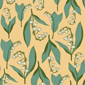 May include: A seamless pattern featuring delicate white lily of the valley flowers with green leaves on a light yellow background.