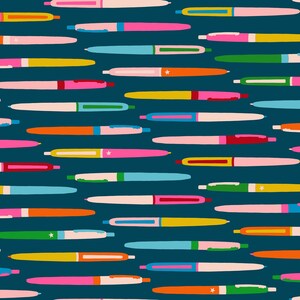 May include: A pattern of colorful pens in various shades of pink, yellow, orange, green, and blue on a dark teal background. The pens are arranged in a scattered, repeating design, creating a vibrant and playful aesthetic.