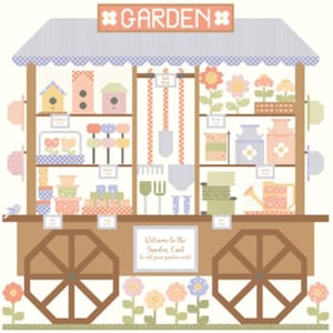 May include: A whimsical illustration of a garden cart filled with gardening tools and decorative items. The cart features shelves displaying birdhouses, flower pots, watering cans, and other garden-themed accessories. The sign on top reads "GARDEN".