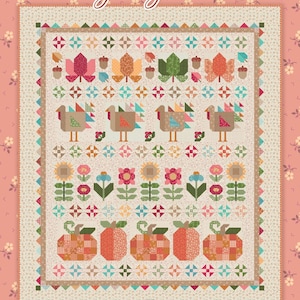 May include: A patchwork quilt with a Thanksgiving theme. The quilt features images of leaves, acorns, turkeys, sunflowers, and pumpkins in shades of orange, green, and brown. The quilt is bordered with a floral pattern and the text "Thanksgiving Row Quilt" is at the top.