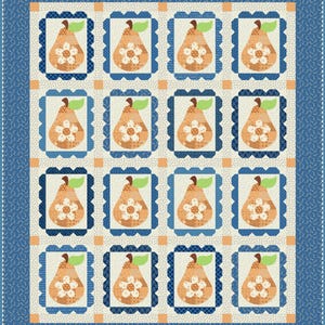 May include: A quilt featuring a repeating pattern of sixteen pear blocks arranged in a four-by-four grid. Each pear is tan with a green leaf and a white flower, framed by a scalloped blue border. The quilt has a wide blue outer border.