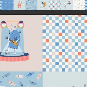 May include: A digital paper with a variety of patterns featuring blue, orange, and white monsters playing musical instruments. The patterns include a checkered pattern, a pattern of monsters playing musical instruments, and a pattern of monsters with musical notes.