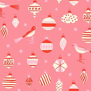 May include: A repeating pattern of Christmas ornaments and birds on a pink background. The ornaments are in various shapes, including round, teardrop, and starburst, and are decorated with stripes, dots, and other designs. The birds are white with red accents.