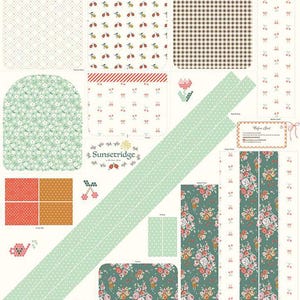 May include: Fabric collection featuring a variety of patterns, including floral, polka dot, and gingham. The collection is called "Sunsertidge" and includes a "Before Start" label.