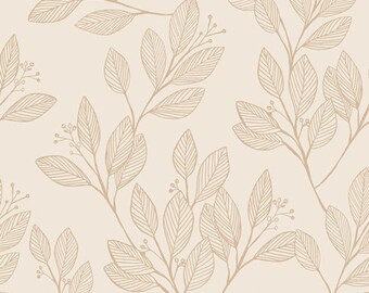 May include: A seamless pattern featuring delicate, gold-colored leaves and branches on a light beige background. The leaves are intricately detailed with a line-art style.