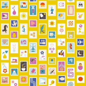 May include: A repeating pattern of colorful postage stamps on a yellow background. The stamps feature various illustrations, including a palm tree, a house, a sun, a cat, a pear, a flower, and a rabbit. The stamps are outlined in white.