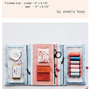 May include: Open sewing pouch with various sewing supplies. The pouch is blue and white with zippers and contains a tape measure, pins, scissors, thread spools, and a needle case. Closed size is 6" x 8 1/2", open is 17" x 8 1/2".