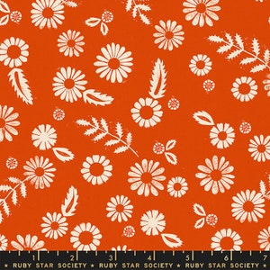 May include: Orange fabric with a white floral pattern. The pattern features small daisies and leaves. The fabric is printed with the text "RUBY STAR SOCIETY" repeated across the bottom.