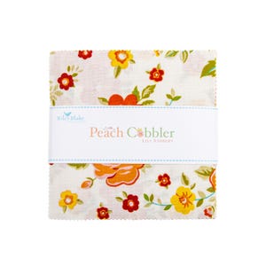 May include: A stack of fabric squares with a floral pattern in shades of orange, yellow, and red on a cream background. The fabric is wrapped with a white band that reads "Peach Cobbler" and "Lily Ashbury".
