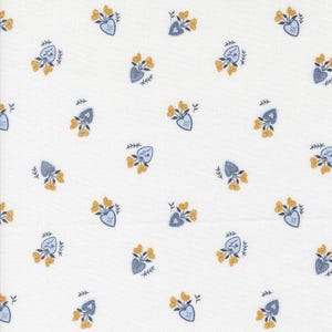 May include: White fabric with a repeating pattern of yellow flowers and blue heart-shaped vases. The vases have a floral design and are surrounded by small green leaves. The overall design is a floral pattern.