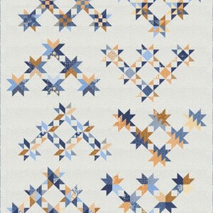 May include: A quilt pattern with a repeating design of blue and orange stars. The stars are made up of smaller triangles and squares. The background is a light gray.