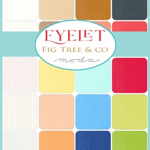 May include: A collection of 12 fabric squares with different patterns and colors, including white, beige, brown, gray, red, yellow, blue, and green. The fabric squares are arranged in a grid pattern. The text "EYELET FIG TREE & CO moda" is displayed in the center of the image.