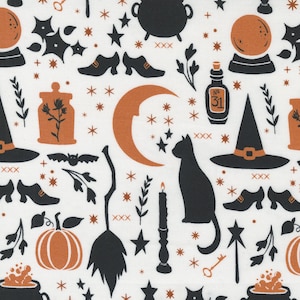 May include: A white background with a repeating pattern of black and orange Halloween themed illustrations. The illustrations include a witch's hat, a crescent moon, a broom, a cat, a pumpkin, a cauldron, a bottle, a key, a star, a shoe, and a jar. The text "No. 31" is on the bottle.
