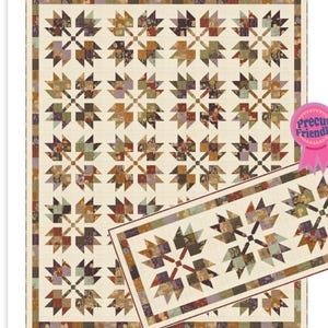 May include: A quilt and a matching table runner featuring a repeating star-like block pattern in shades of brown, green, purple, and cream. The design includes a pieced border with small squares and a pink circular badge labeled Precut Friendly.
