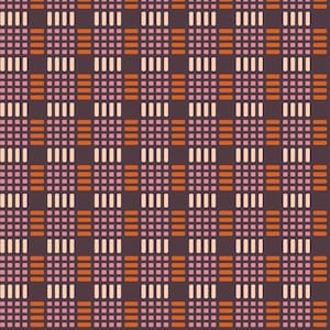 May include: A repeating pattern featuring a grid of squares in shades of orange, pink, and cream, set against a dark brown background. The design incorporates vertical and horizontal lines, creating a woven or textured appearance.