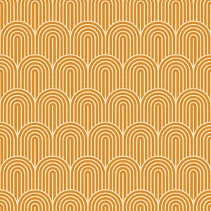 May include: A repeating pattern of white arches on a golden-yellow background. The design creates a textured, retro aesthetic. The arches are evenly spaced and arranged in rows, forming a visually appealing, symmetrical pattern. The overall effect is reminiscent of a vintage wallpaper or fabric design.
